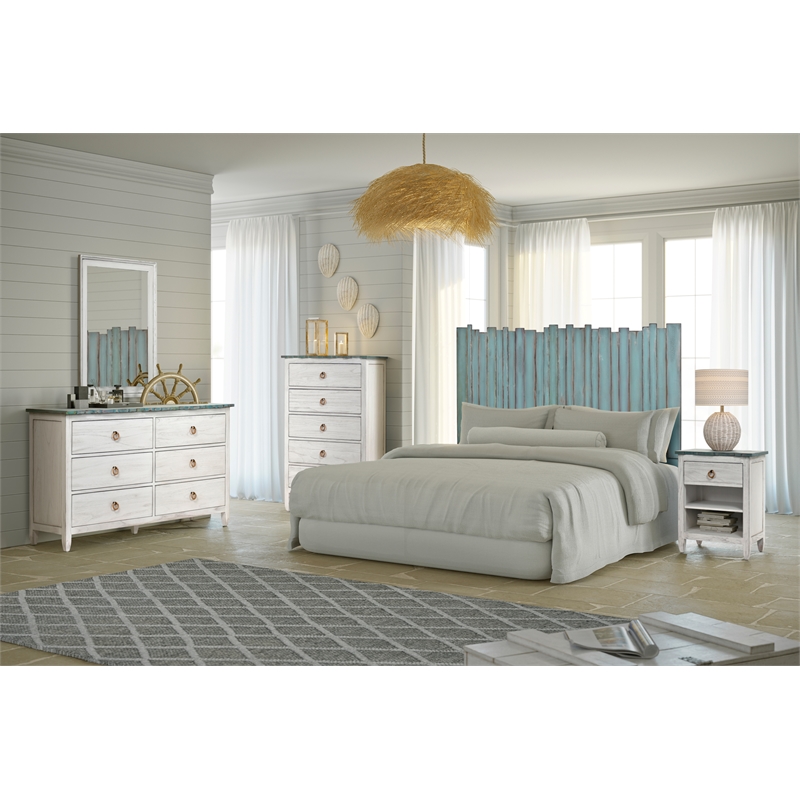 Sea Wind Florida Picket Fence Wood End Table with Drawer in White/Blue