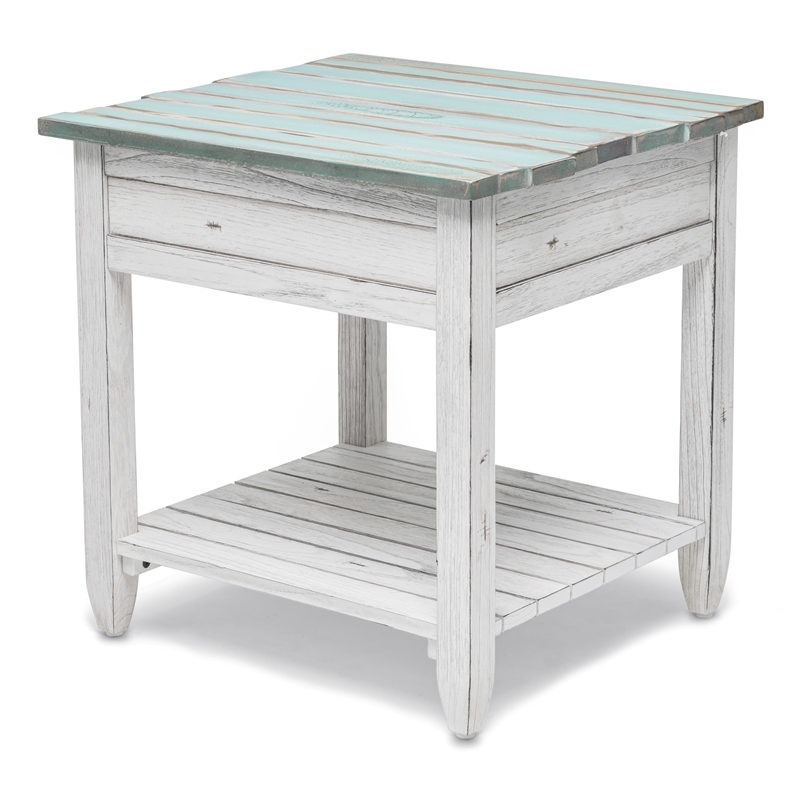 Sea Wind Florida Picket Fence Wood End Table with Drawer in White/Blue