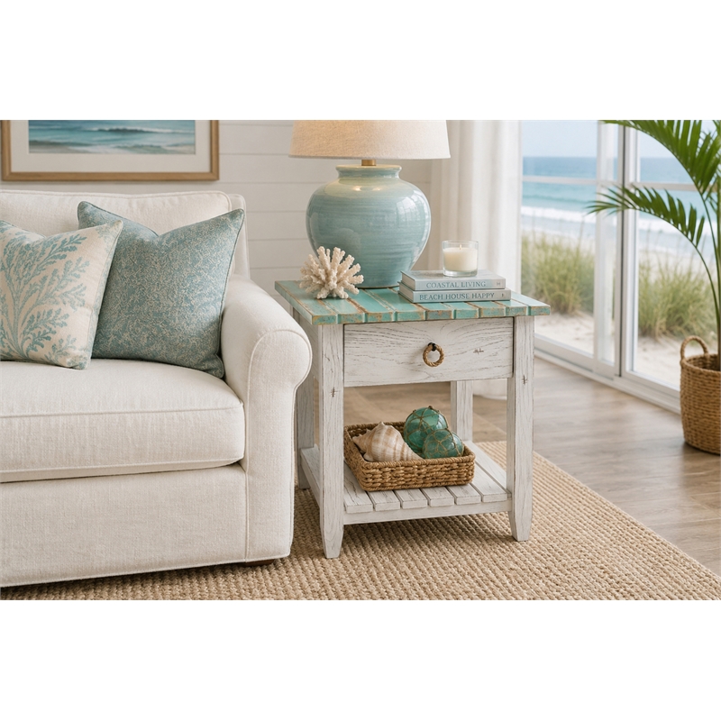 Sea Wind Florida Picket Fence Wood End Table with Drawer in White/Blue