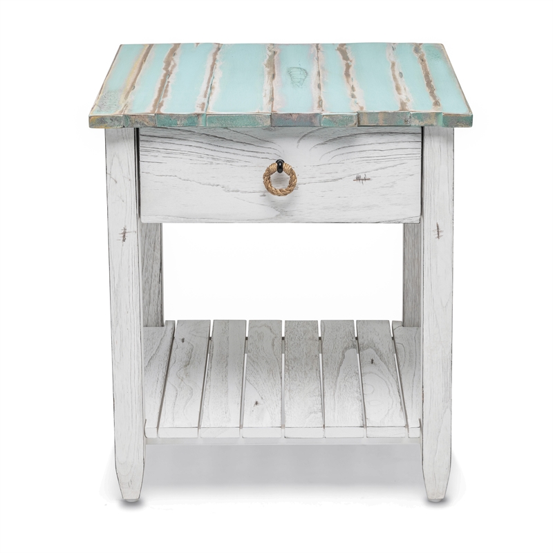 Sea Wind Florida Picket Fence Wood End Table with Drawer in White/Blue