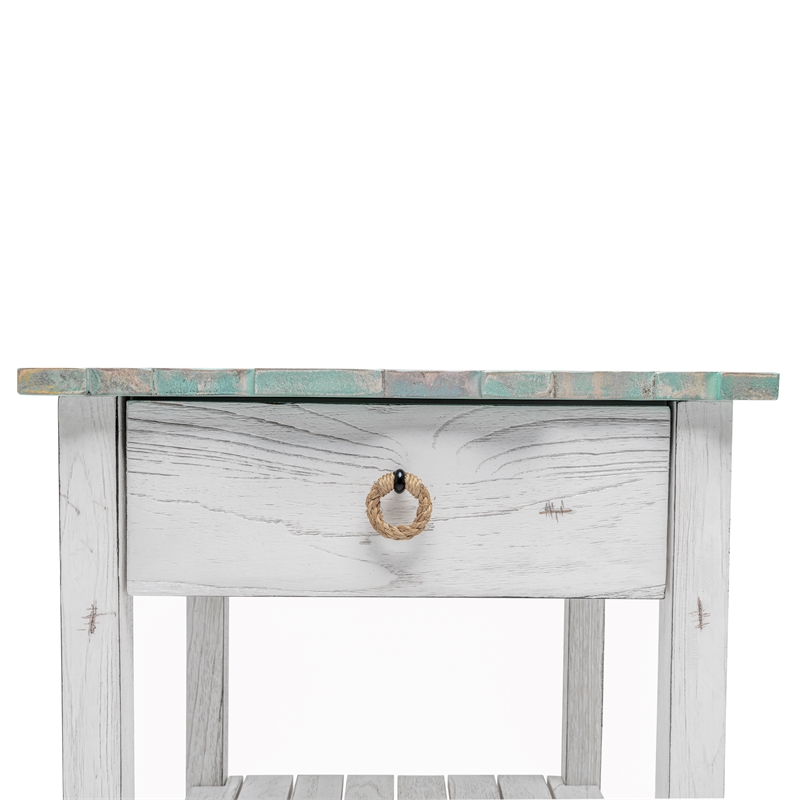 Sea Wind Florida Picket Fence Wood End Table with Drawer in White/Blue