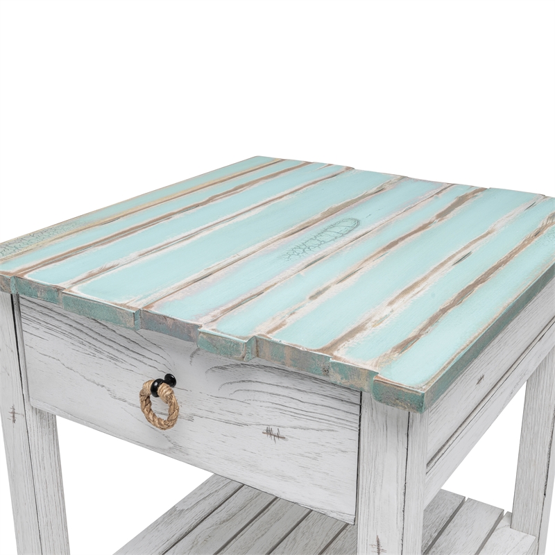 Sea Wind Florida Picket Fence Wood End Table with Drawer in White/Blue
