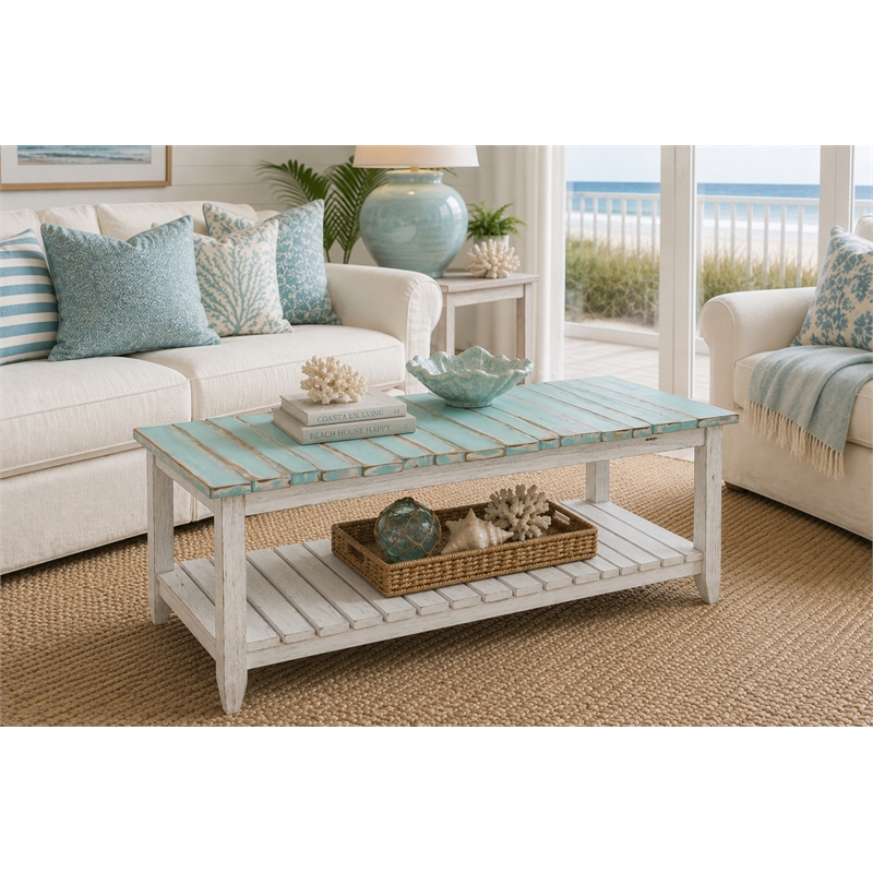 Sea Wind Florida Picket Fence Wood Coffee Table in White/Blue