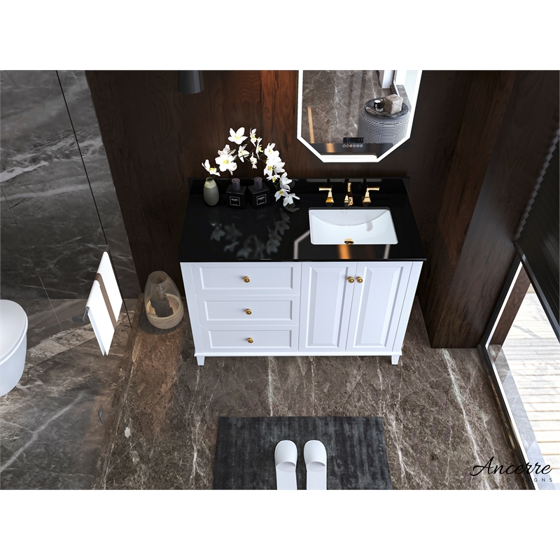 Ancerre Designs Hannah Right Basin Bathroom Vanity Set w/ Gold Hardware in White