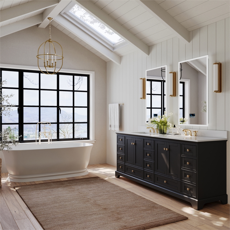 Audrey 84 in. Bath Vanity Set in Black Onyx with White Quartz Top