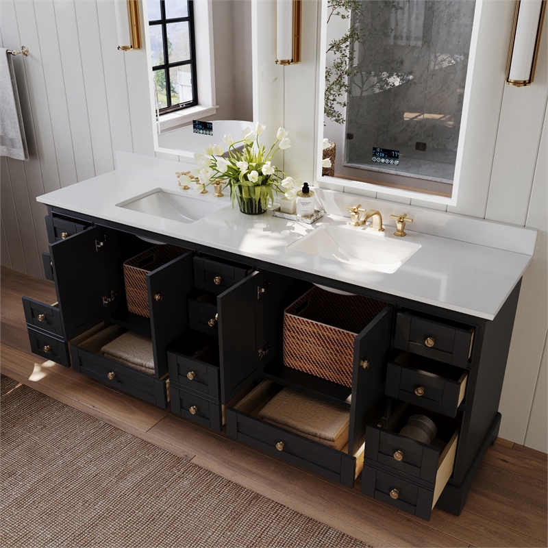Audrey 84 in. Bath Vanity Set in Black Onyx with White Quartz Top