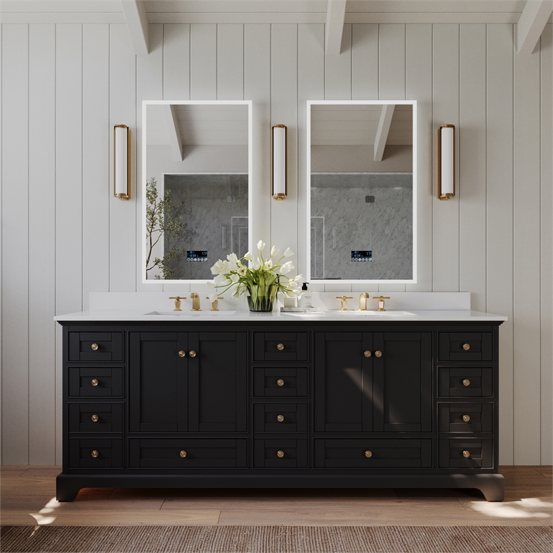 Audrey 84 in. Bath Vanity Set in Black Onyx with White Quartz Top