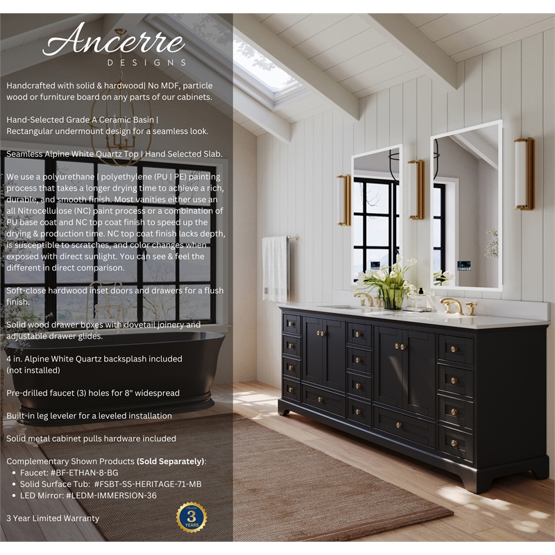 Audrey 84 in. Bath Vanity Set in Black Onyx with White Quartz Top