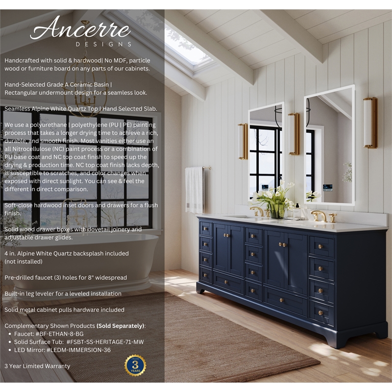 Audrey 84 in. Bath Vanity Set in Heritage Blue with White Quartz Top
