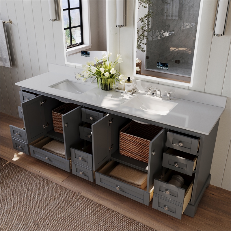 Audrey 84 in. Bath Vanity Set in Sapphire Gray with White Quartz Top