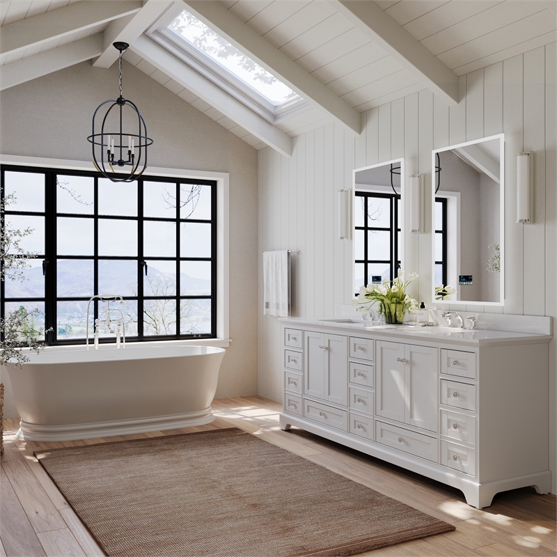 Audrey 84 in. Bath Vanity Set in White with White Quartz Top with Brushed Nickel