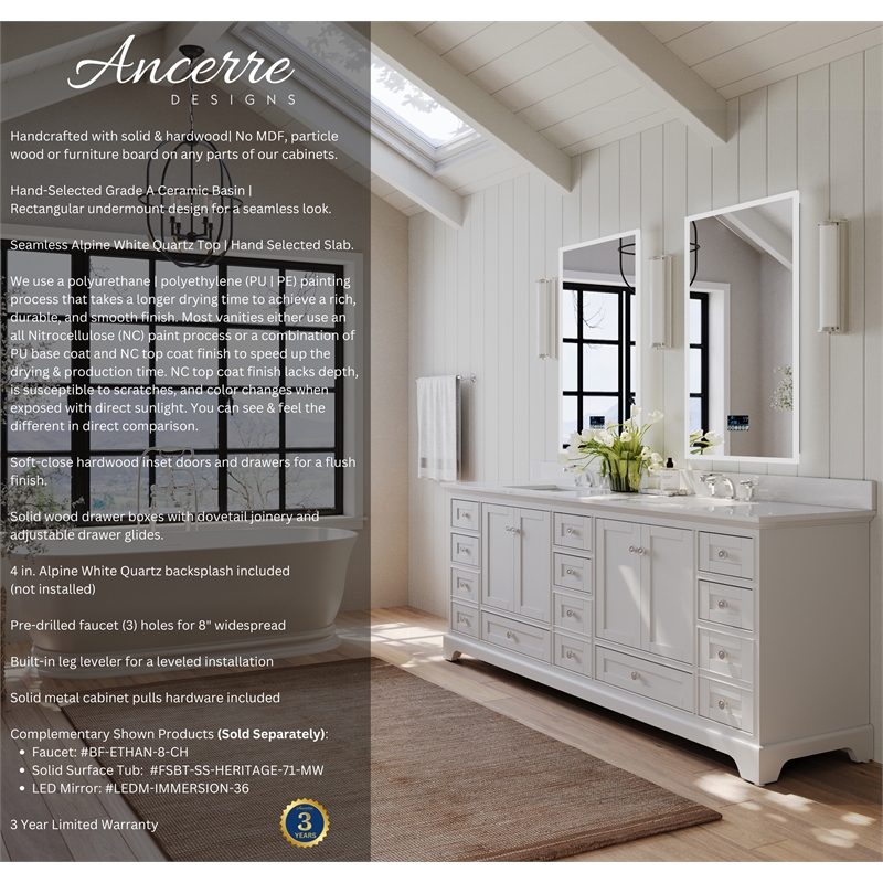 Audrey 84 in. Bath Vanity Set in White with White Quartz Top with Brushed Nickel