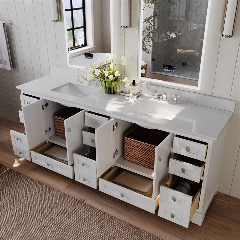 Audrey 84 in. Bath Vanity Set in White with White Quartz Top with Brushed Nickel