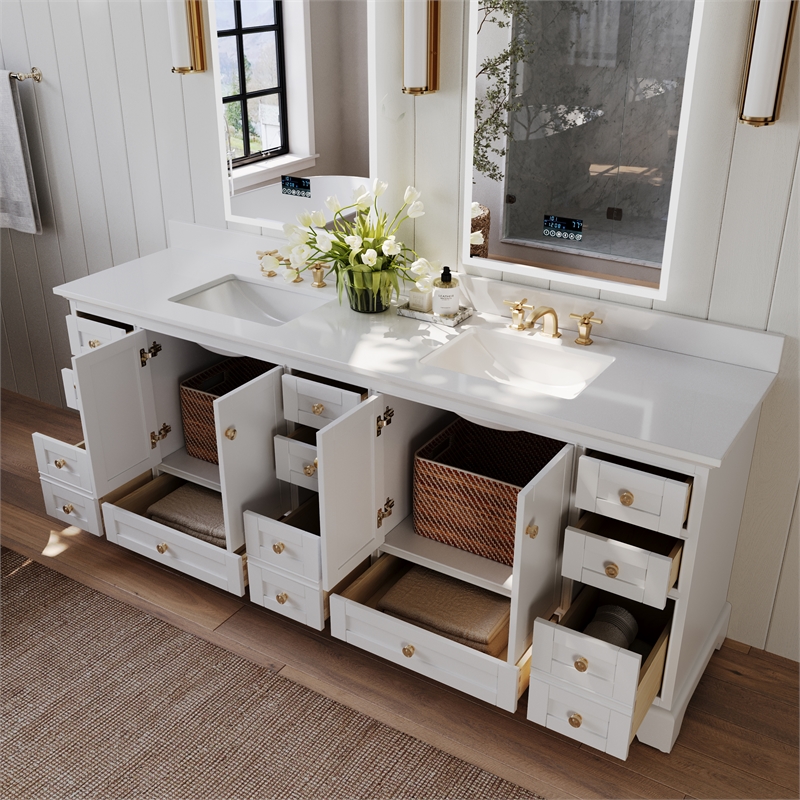 Audrey 84 in. Bath Vanity Set in White with White Quartz Top with Brushed Gold