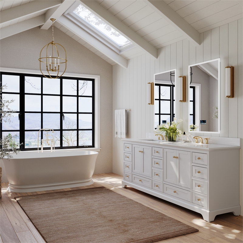 Audrey 84 in. Bath Vanity Set in White with White Quartz Top with Brushed Gold