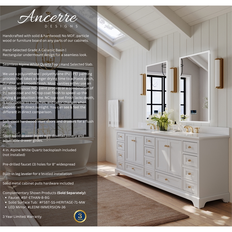 Audrey 84 in. Bath Vanity Set in White with White Quartz Top with Brushed Gold