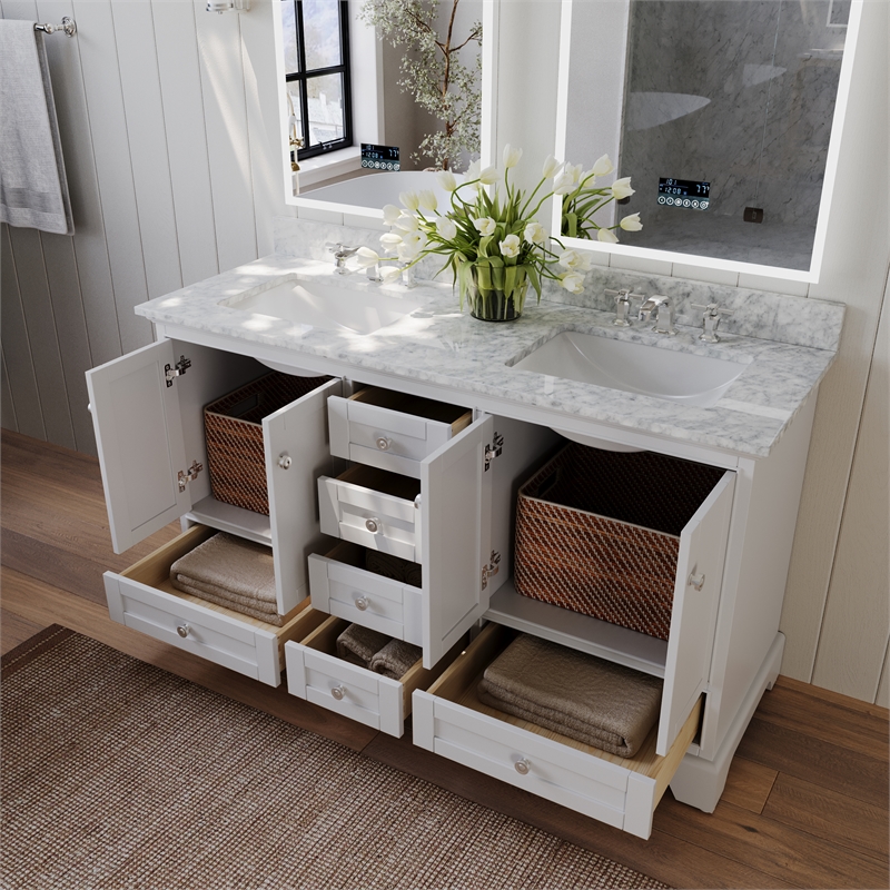 Audrey 66 in Bath Vanity Set in White with Carrara White Marble Undermount Basin