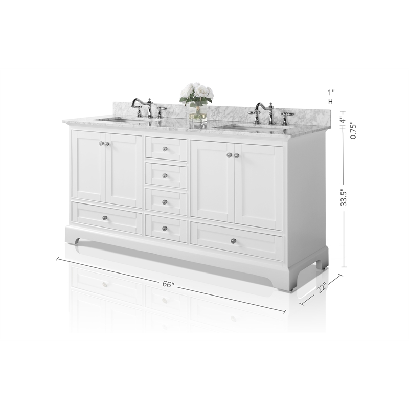 Audrey 66 in Bath Vanity Set in White with Carrara White Marble Undermount Basin