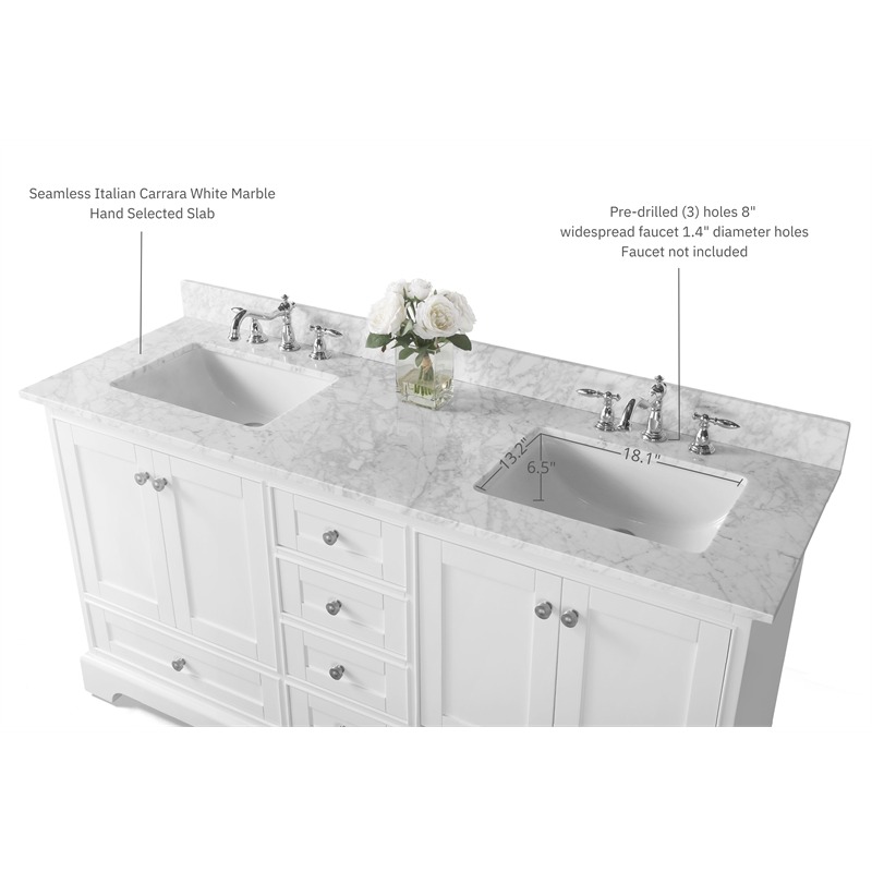 Audrey 66 in Bath Vanity Set in White with Carrara White Marble Undermount Basin