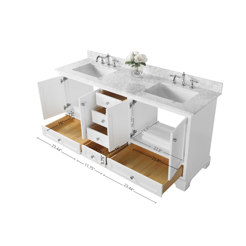 Audrey 66 in Bath Vanity Set in White with Carrara White Marble Undermount Basin