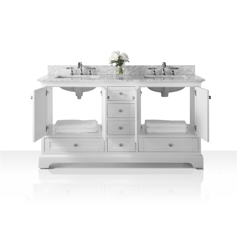 Audrey 66 in Bath Vanity Set in White with Carrara White Marble Undermount Basin