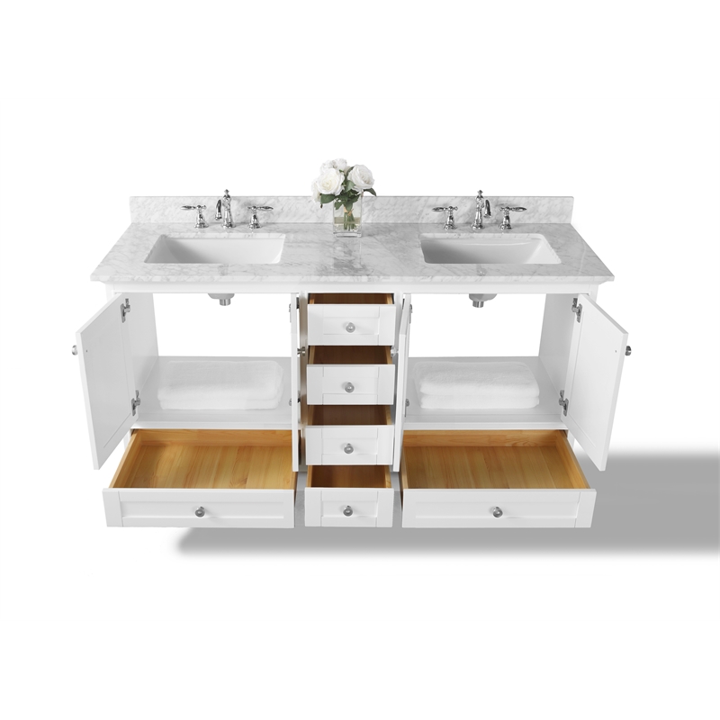 Audrey 66 in Bath Vanity Set in White with Carrara White Marble Undermount Basin