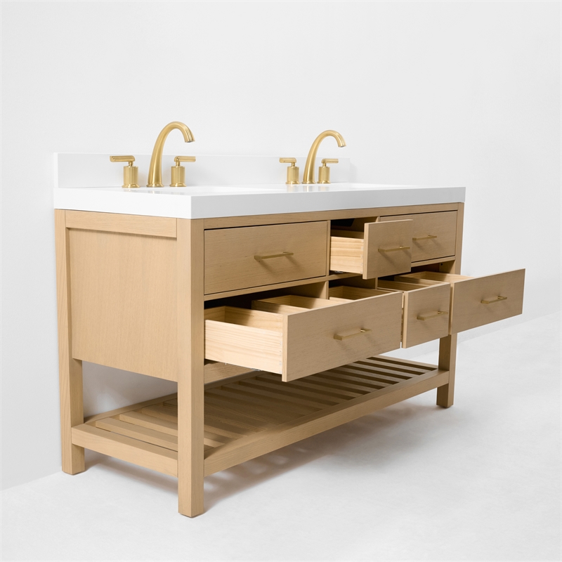 Elizabeth 60 in. Bath Vanity in Oak with White Quartz Top and Undermount Basin