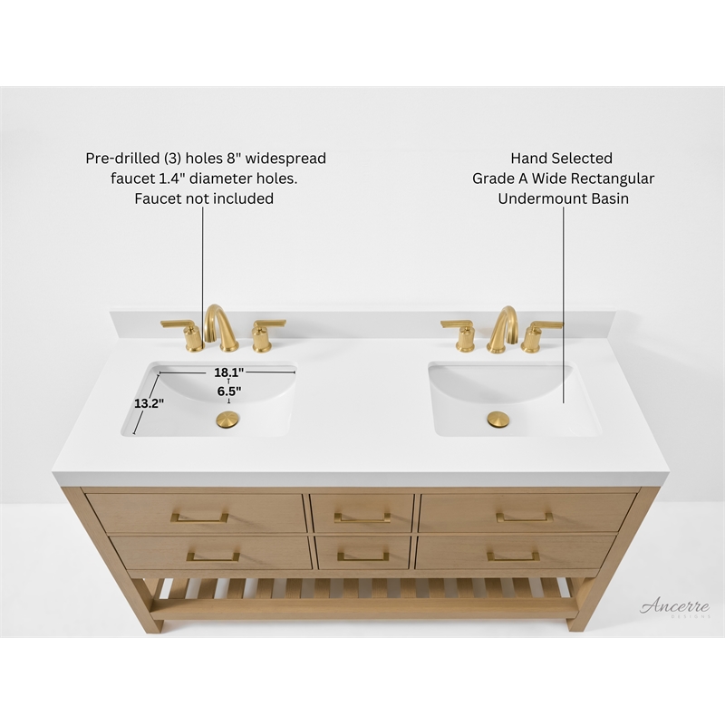 Elizabeth 60 in. Bath Vanity in Oak with White Quartz Top and Undermount Basin