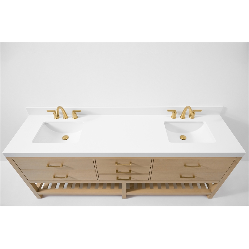 Elizabeth 84 in. Bath Vanity in Oak with White Quartz Top and Undermount Basin