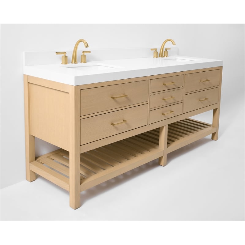 Elizabeth 84 in. Bath Vanity in Oak with White Quartz Top and Undermount Basin