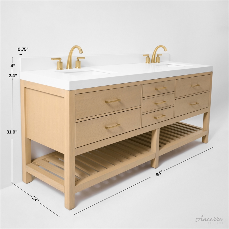 Elizabeth 84 in. Bath Vanity in Oak with White Quartz Top and Undermount Basin