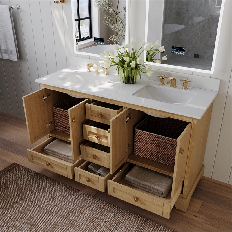 Audrey 60 in. Bath Vanity Set in Oak with White Quartz Top and Undermount Basin