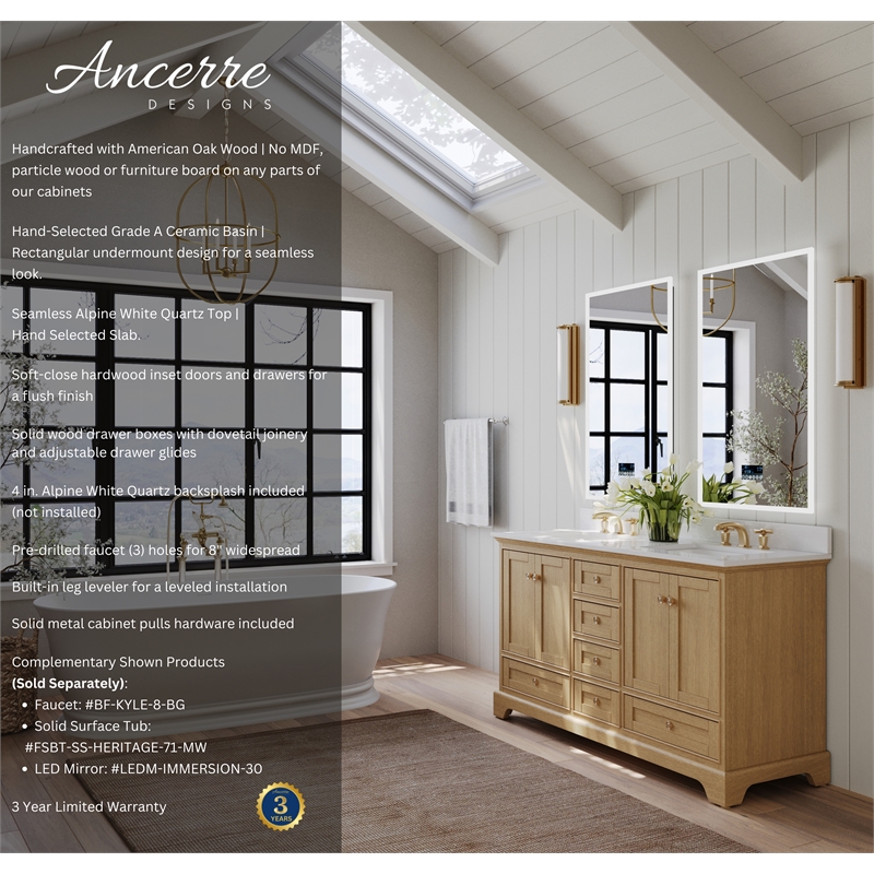 Audrey 60 in. Bath Vanity Set in Oak with White Quartz Top and Undermount Basin