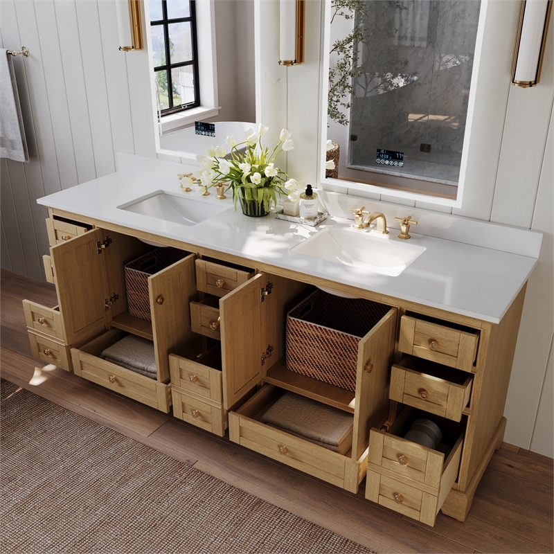 Audrey 84 in. Bath Vanity Set in Oak with White Quartz Top and Undermount Basin
