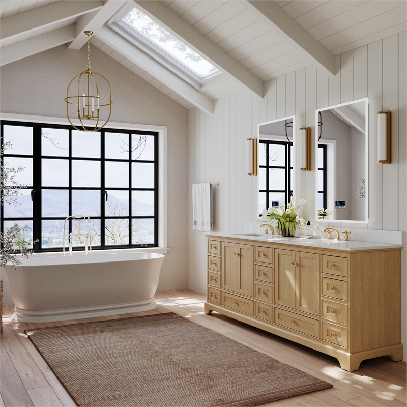 Audrey 84 in. Bath Vanity Set in Oak with White Quartz Top and Undermount Basin