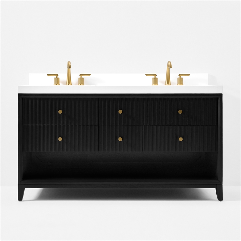 Momo 60 in. Bath Vanity in Black Oak with White Quartz Top and Undermount Basin