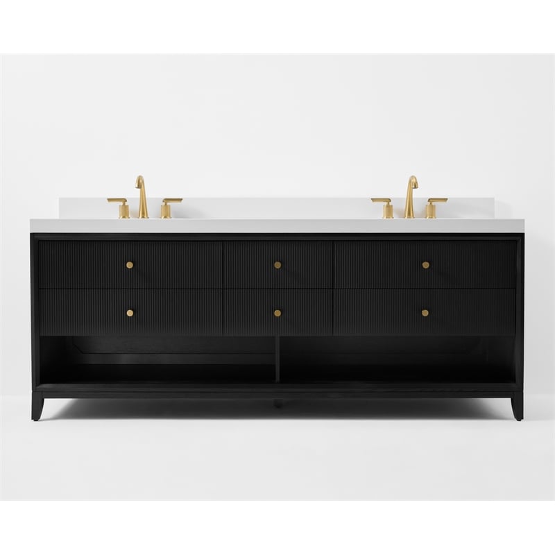 Momo 84 in. Bath Vanity in Black Oak with White Quartz Top and Undermount Basin