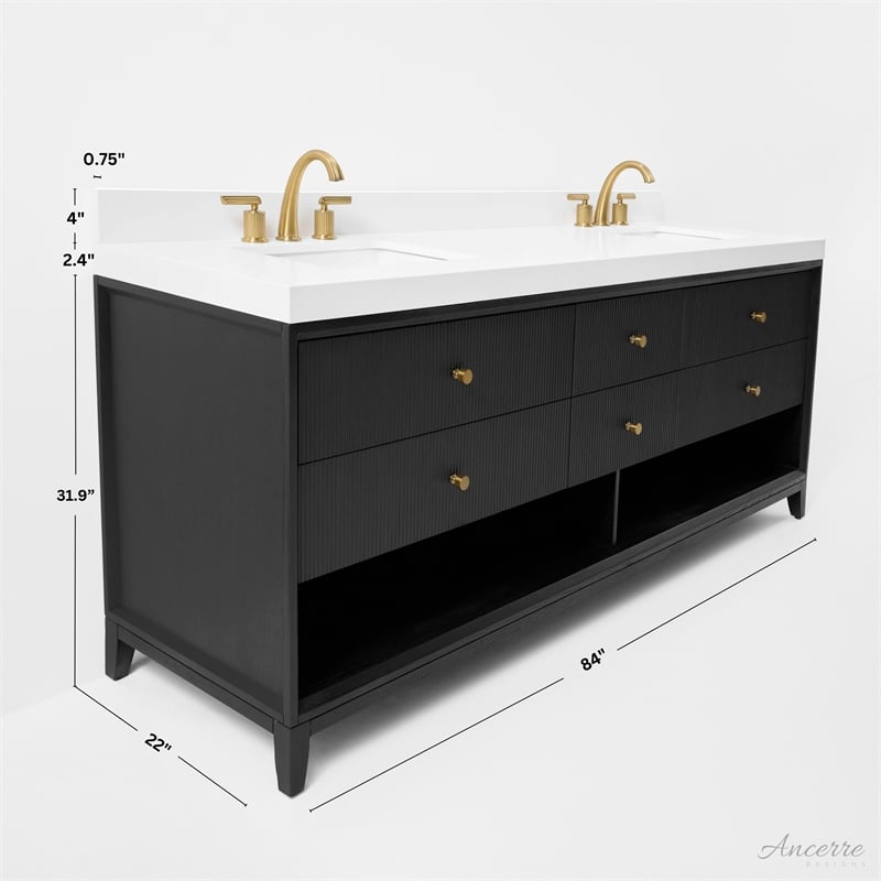 Momo 84 in. Bath Vanity in Black Oak with White Quartz Top and Undermount Basin