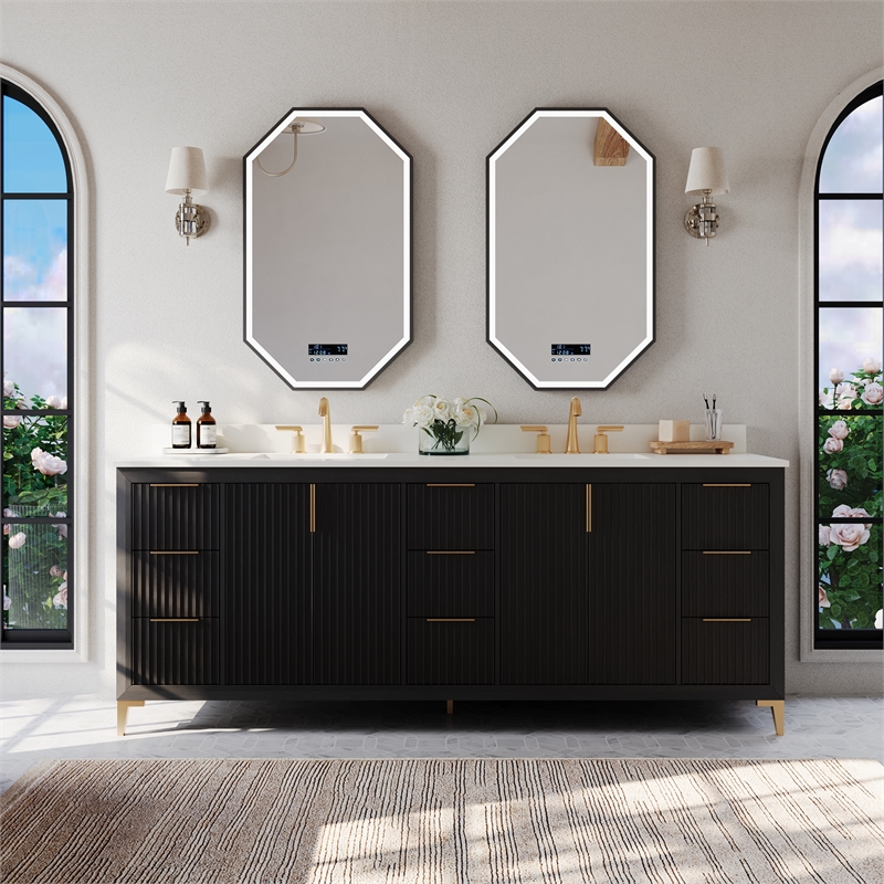 Turlington 84 in. Bath Vanity in Black Oak with White Quartz Top and Undermount