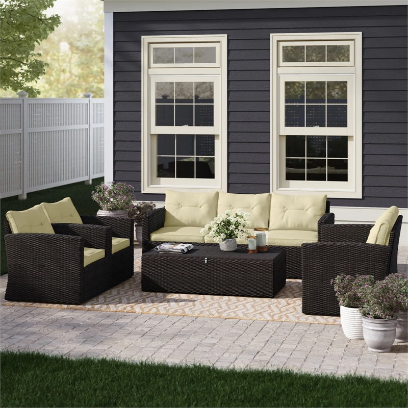 Thy-Hom Arlington Outdoor Brown Wicker Furniture Set Beige Cushions