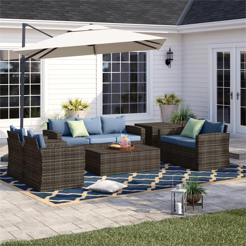 Thy-Hom Arlington 6 Piece Gray Wicker Patio Conversation Set Light Blue Cushions