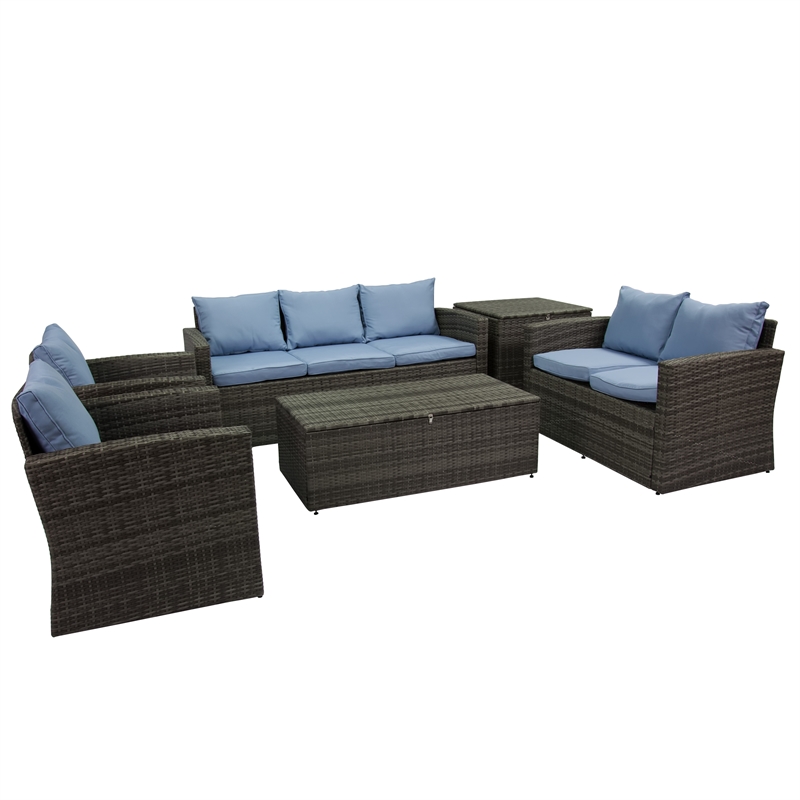 Thy-Hom Arlington 6 Piece Gray Wicker Patio Conversation Set Light Blue Cushions