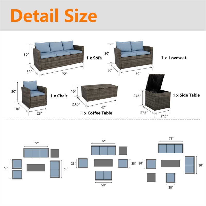 Thy-Hom Arlington 6 Piece Gray Wicker Patio Conversation Set Light Blue Cushions
