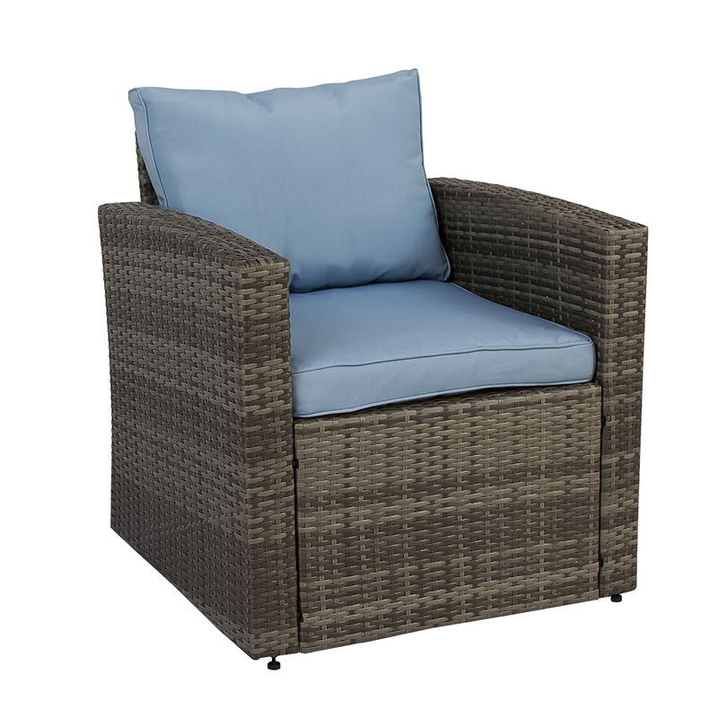 Thy-Hom Arlington 6 Piece Gray Wicker Patio Conversation Set Light Blue Cushions
