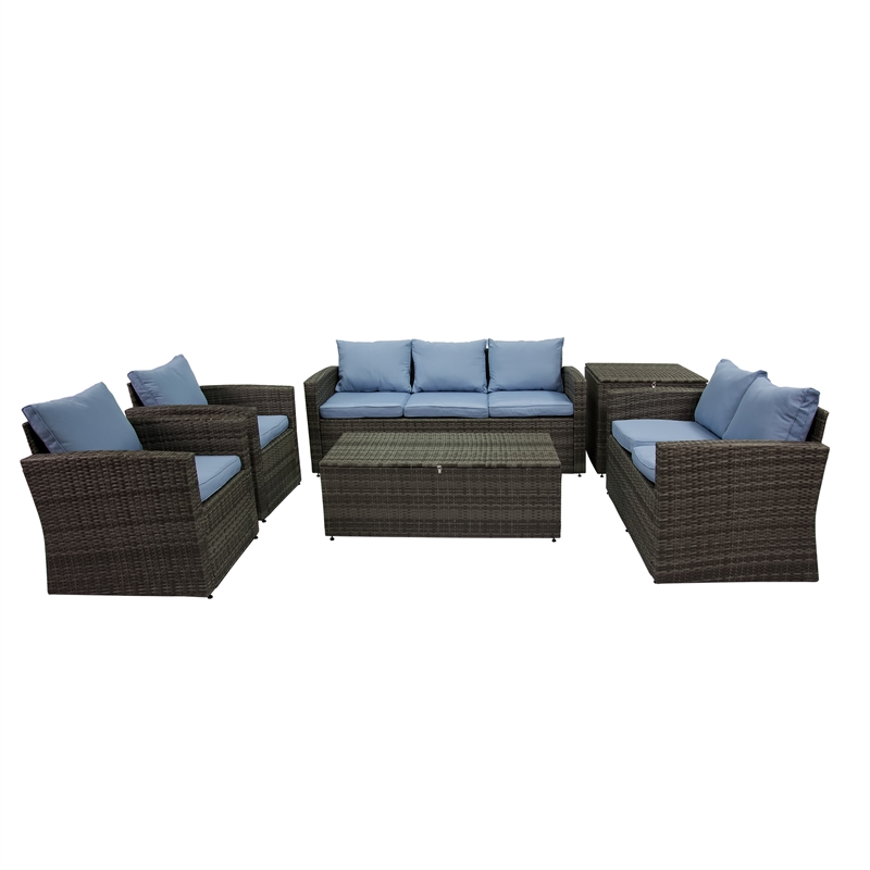 Thy-Hom Arlington 6 Piece Gray Wicker Patio Conversation Set Light Blue Cushions