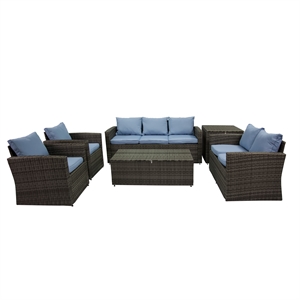 Thy-Hom Arlington 6 Piece Gray Wicker Patio Conversation Set Light Blue Cushions