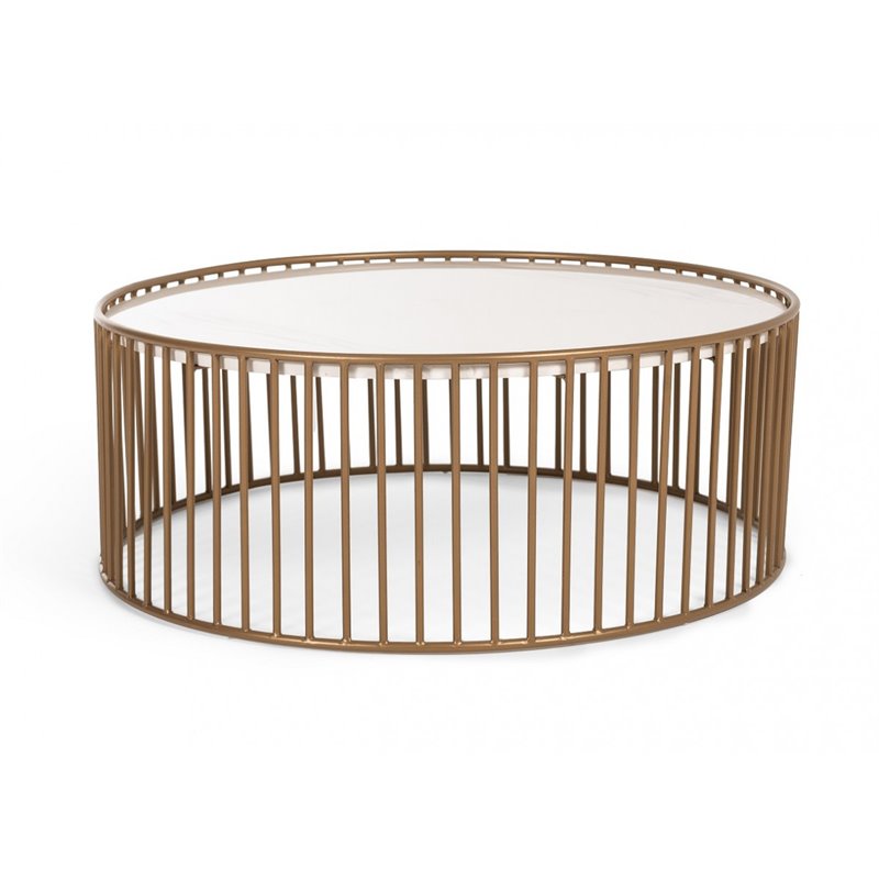 Limari Home Eleanor Round Metal and Faux Marble Coffee Table in White/Gold