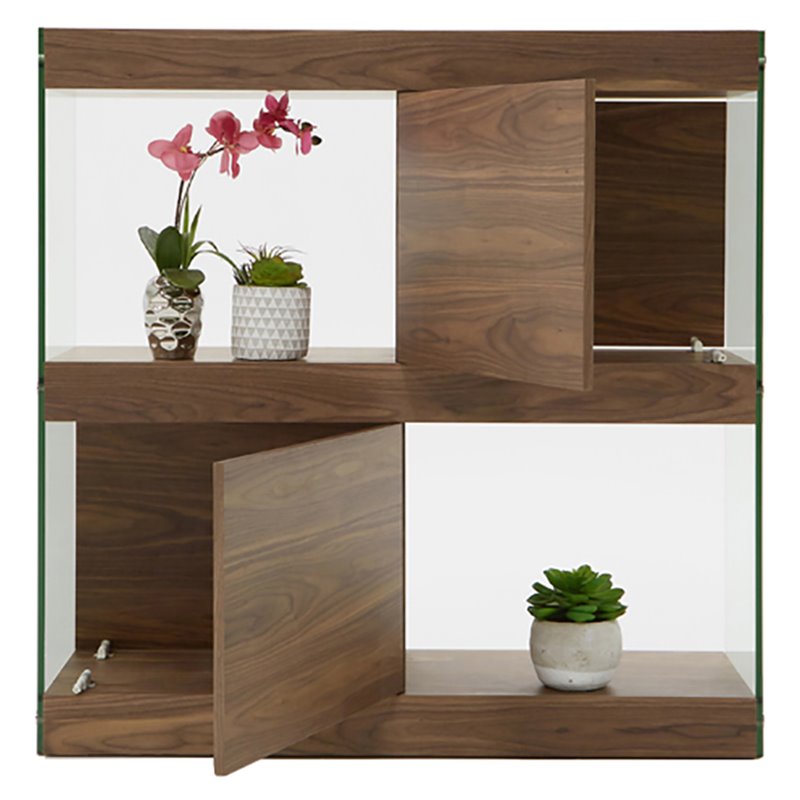 Limari Home Aura Square Modern Wood Veneer & Tempered Glass Cabinet in Walnut