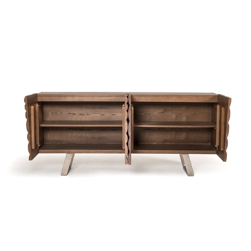 Limari Home Finley 4-Door Mid-Century Wood & Stainless Steel Buffet in Walnut