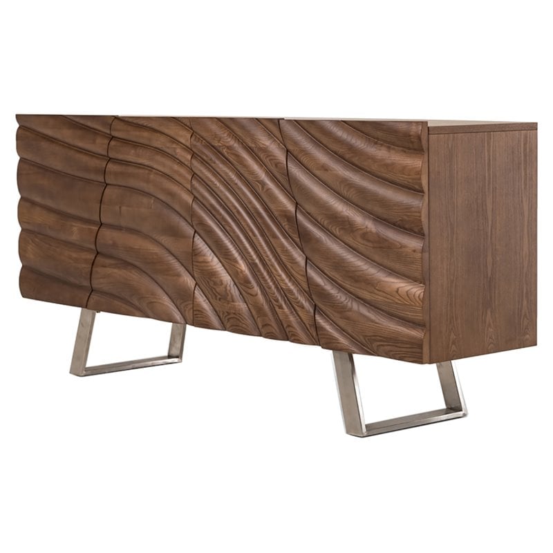 Limari Home Finley 4-Door Mid-Century Wood & Stainless Steel Buffet in Walnut